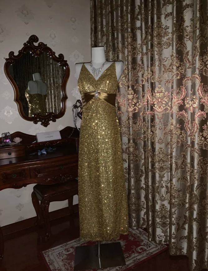 Glitter V Neck Sequin Beaded Gold Mermaid Party Dress Long Evening Dress - View 3 | VelvetHem