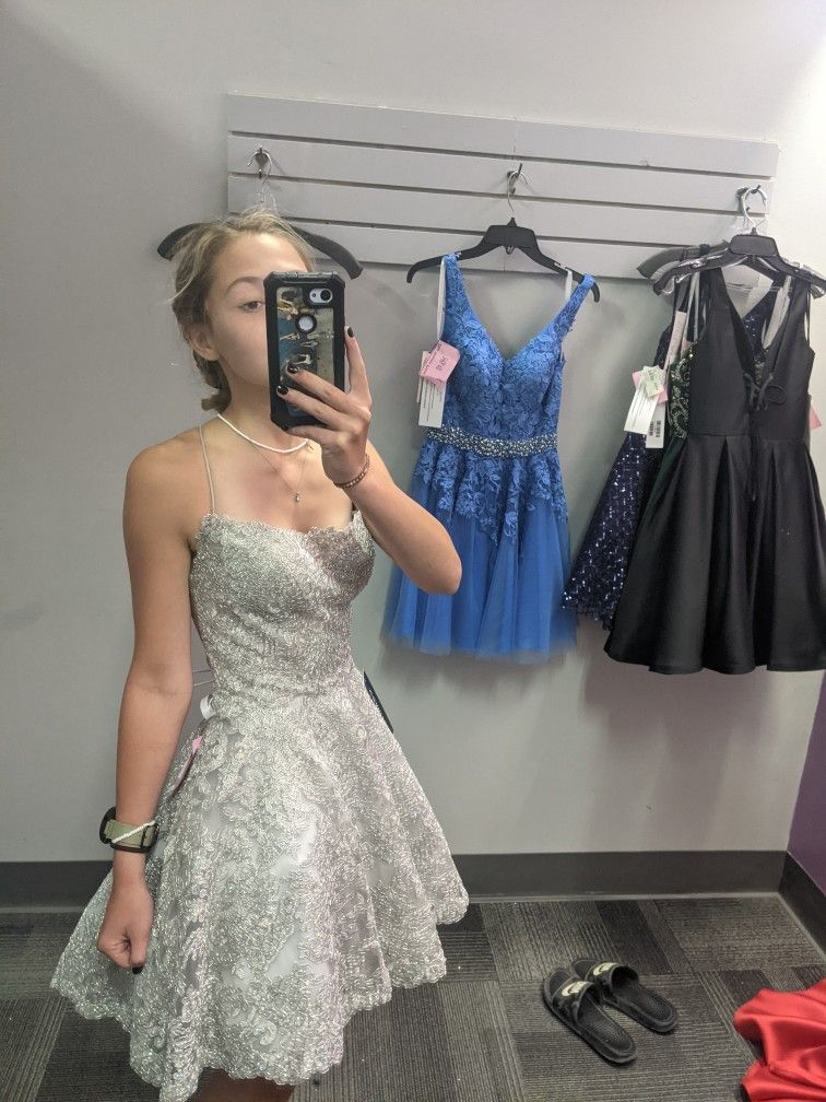 Cute A-line Silver Lace Homecoming Dress 18th Graduation Dress Y2440 - VelvetHem