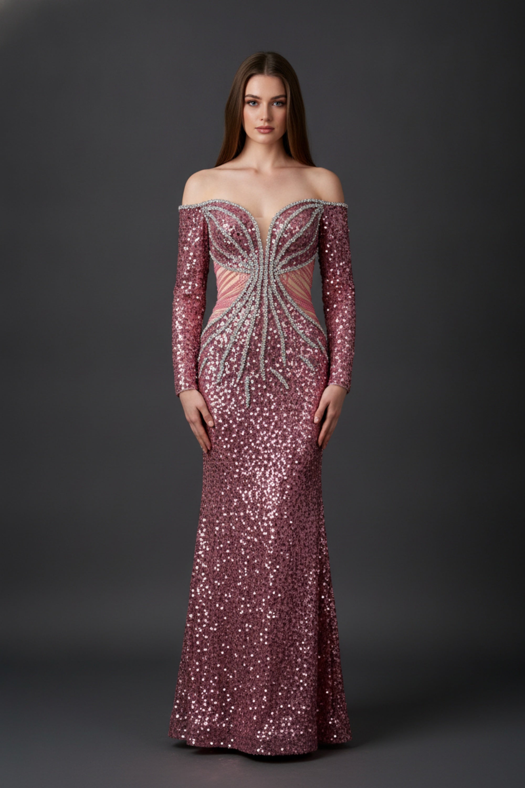 Off-the-Shoulder Long Sleeve Sequin Mermaid Gown with Cutouts