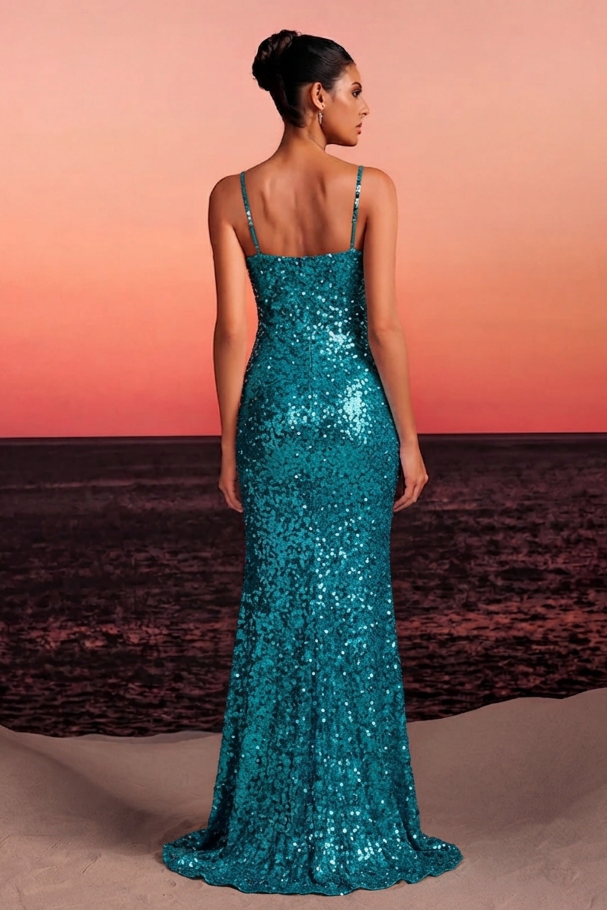 Sequined Spaghetti Strap Gown with Structured Corset Bodice