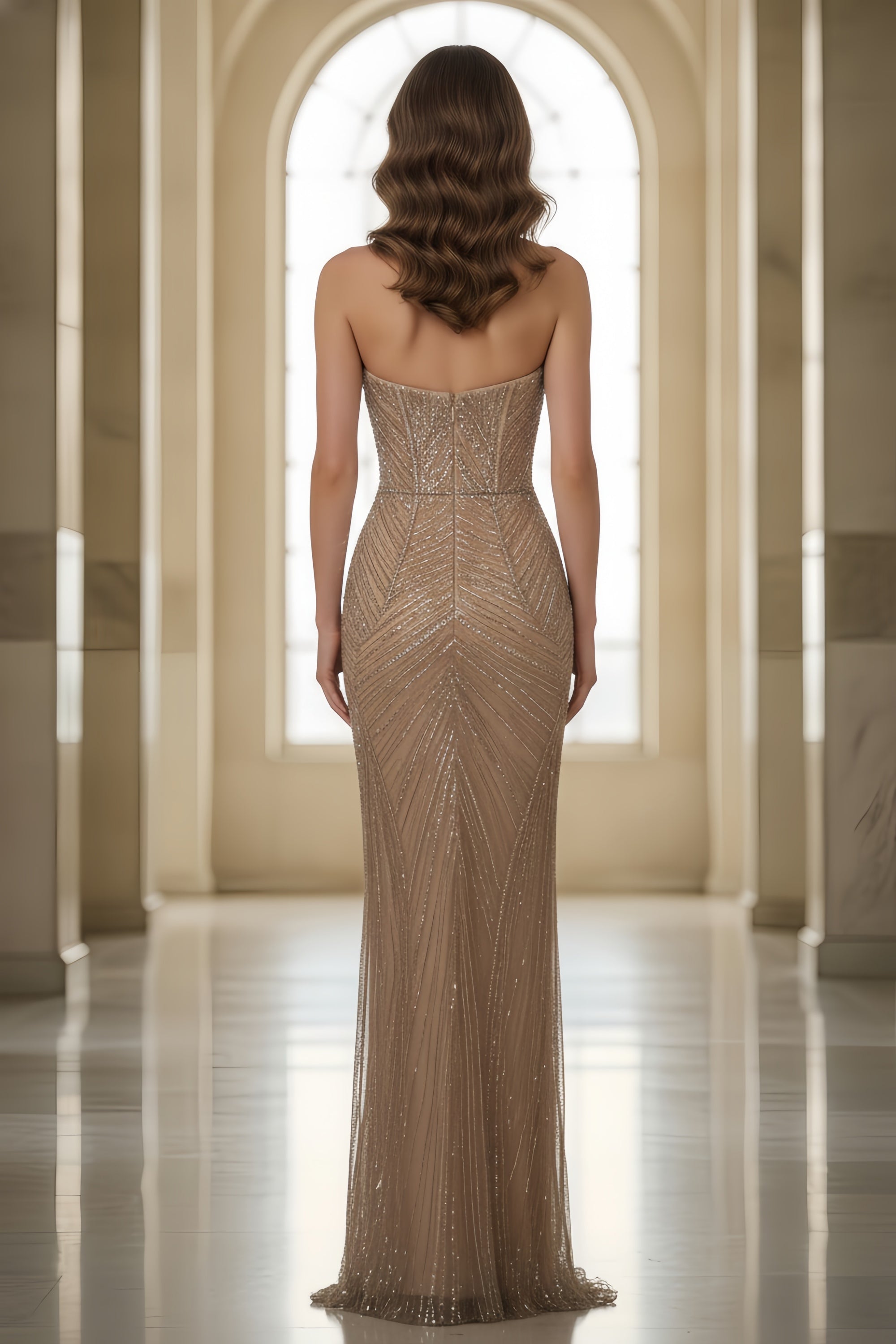 Strapless Geometric Sequin and Bead Embellished Evening Gown