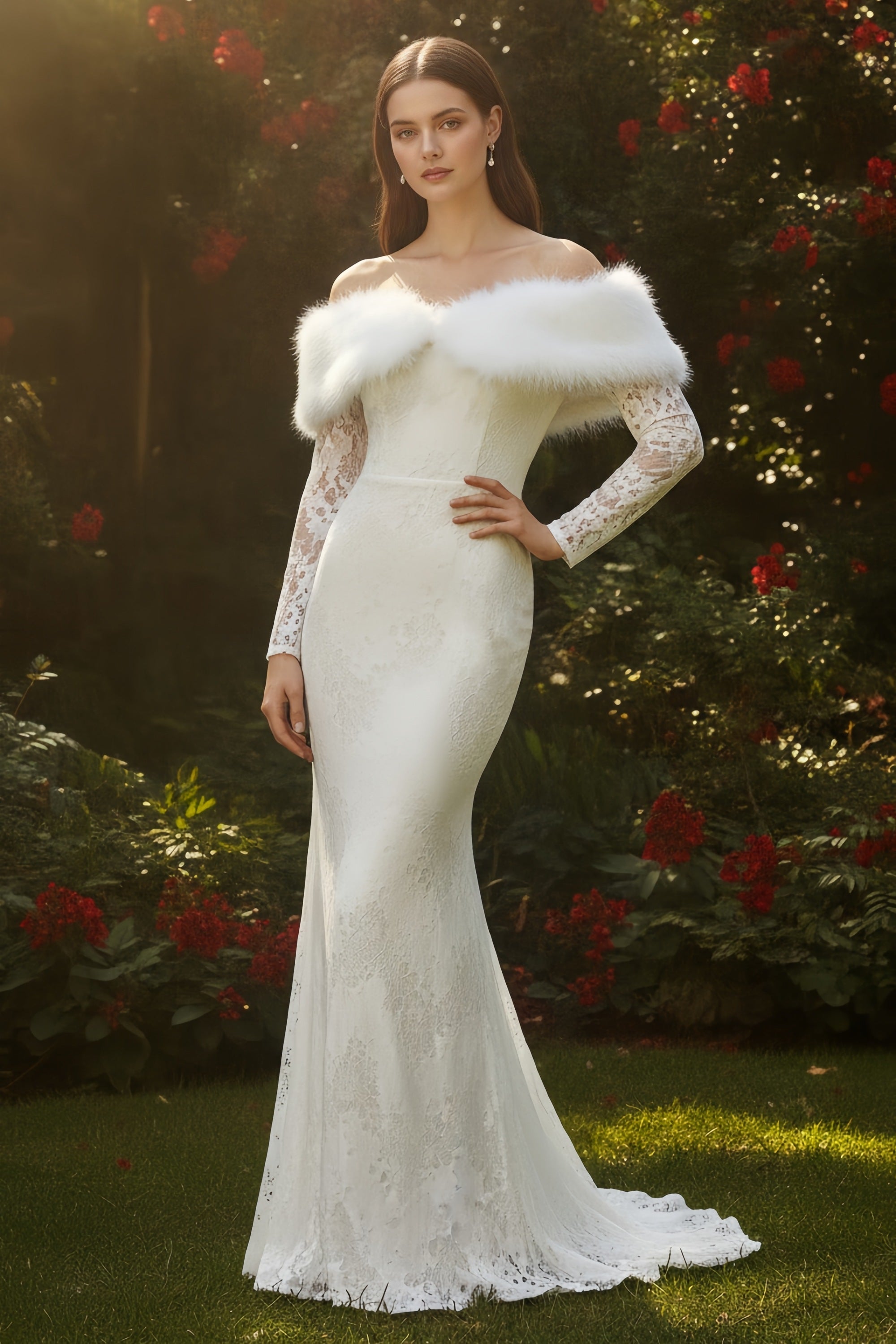 Off-the-Shoulder Long Sleeve Lace Mermaid Gown with Faux Fur Trim