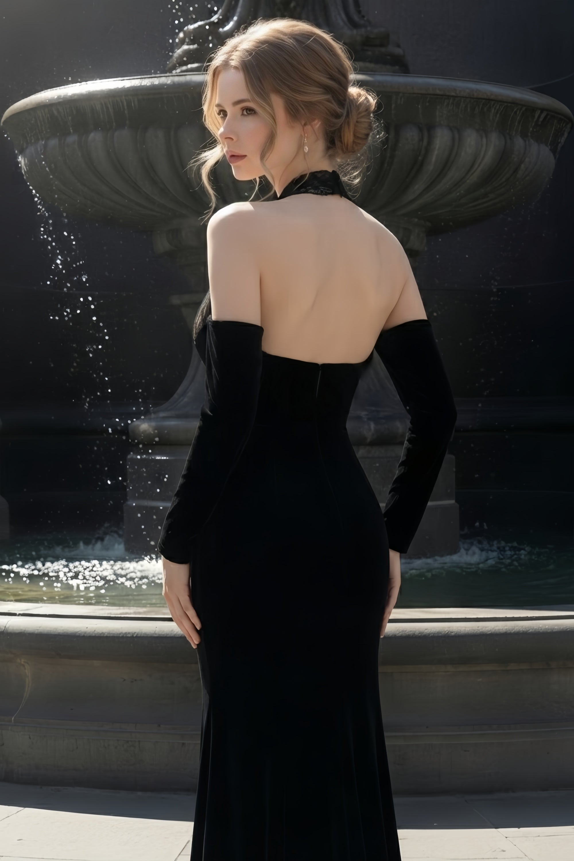 Halter Velvet and Lace Mermaid Gown with Off-the-Shoulder Sleeves