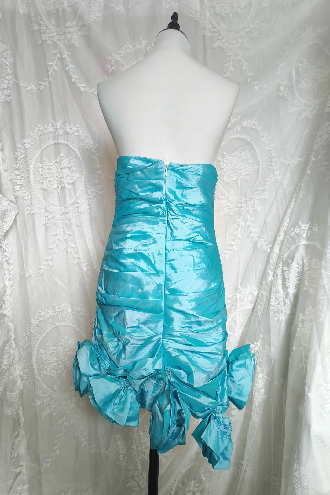 Vintage Blue Strapless Satin Pleated Short Party Dress Rose Flowers Hem Homecoming Dress - View 3 | VelvetHem