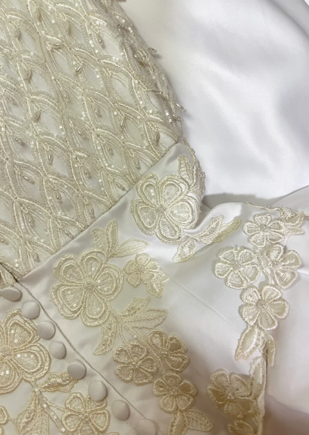 Elegant Spaghetti Straps White Satin Lace Appliques Evening Dress Long Wedding Guest Dress - View 4 | VelvetHem