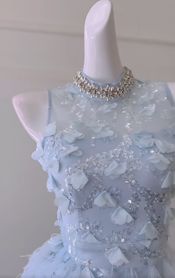 Cute Sky Blue Sleeveless Sequin Feathers Sheath Homecoming Dress Birthday Outfits - View 3 | VelvetHem