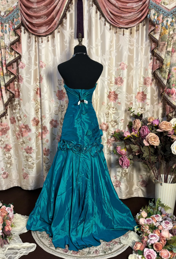 Unique Sweetheart Neck Satin Beaded Mermaid Long Evening Dress Party Gown With Flowers - View 2 | VelvetHem
