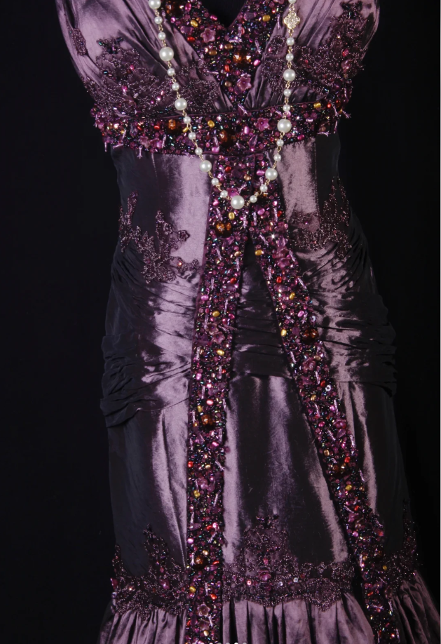 Vintage Purple V Neck Satin Beaded Mermaid Evening Dress Long Birthday Party Gown - View 3 | VelvetHem