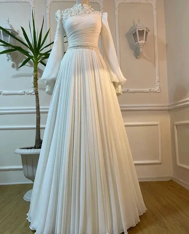 Muslim Wedding Dress Long Sleeves With Pearls Chiffon Appliques Long Pleated Bridal Gowns (ZD13574)