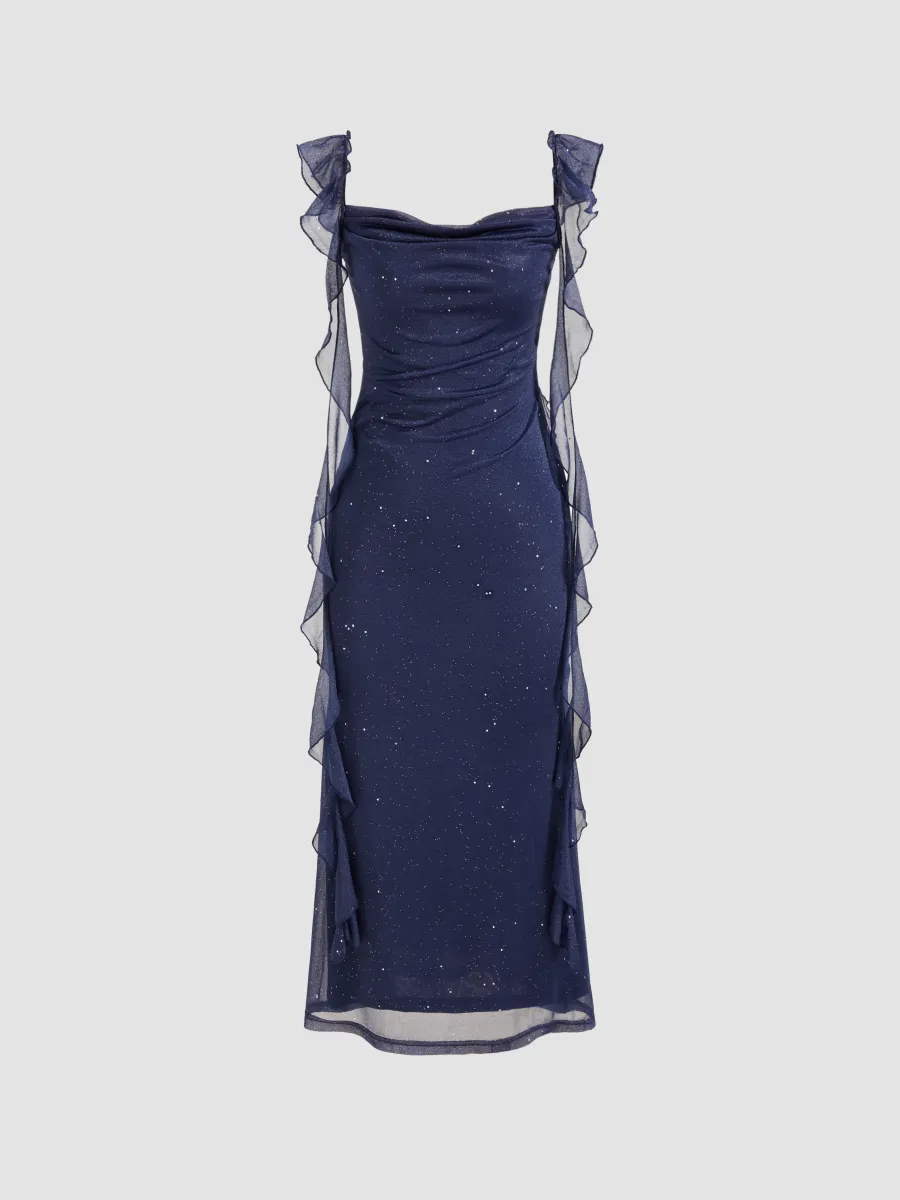 Shiny Navy Blue Chiffon Ruffles Long Prom Dress Elegant Evening Dress - View 2 | VelvetHem