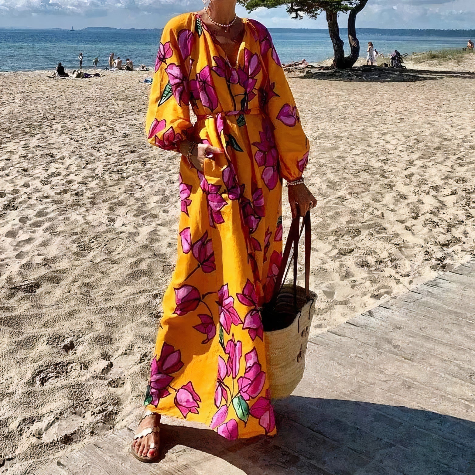 Tamar Elevated Deep V Neck Maxi Dress with Floral Print Designer Edit