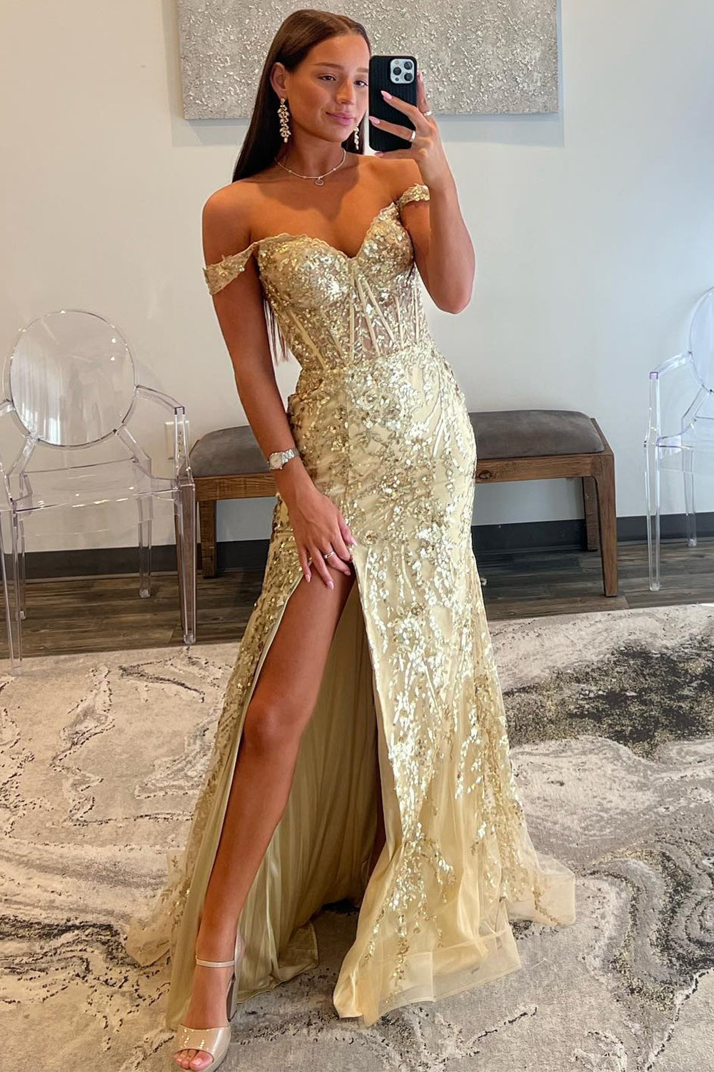 Golden Sparkly Off The Shoulder Mermaid Long Prom Dress with Slit - View 3 | VelvetHem