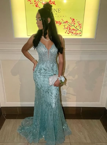 Charming Spaghetti Straps Tulle Lace Mermiad Prom Dress Blue V Neck Prom Evening Gown - View 4 | VelvetHem