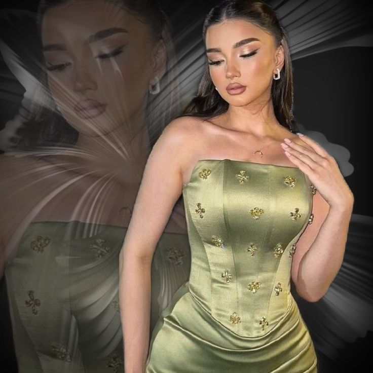 Vintage Olive Green Strapless Satin Pleated Beaded Mermaid Evening Dress Formal Birthday Prom Gown - View 2 | VelvetHem