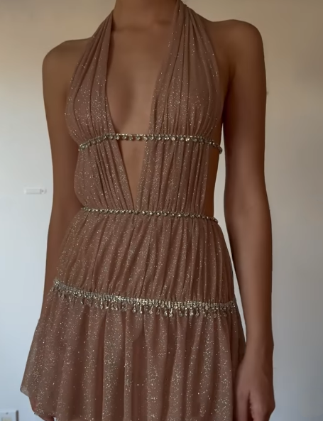 Shiny Halter Deep V Tulle Beaded Short 7th Grade Homecoming Dress Sexy Cocktail Dress - View 3 | VelvetHem