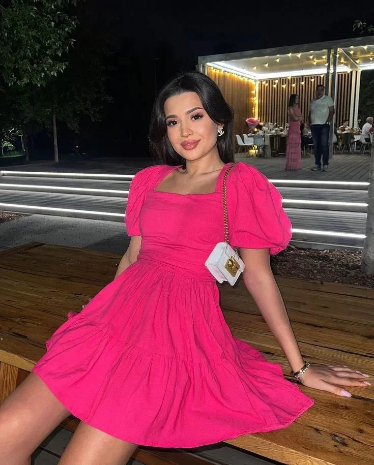 Vintage A-line Hot Pink Homecoming Dress with Puff Sleeves Y2680 by simplepromdress