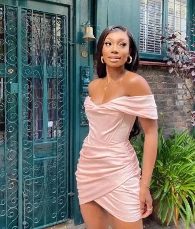 Black Girl Light Pink Homecoming Dress Off Shoulder Bodycon Dresses (ZD12427)