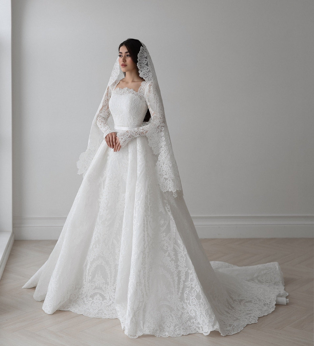 Lace A-Line Wedding Dress with Square Neck and Long Sleeves