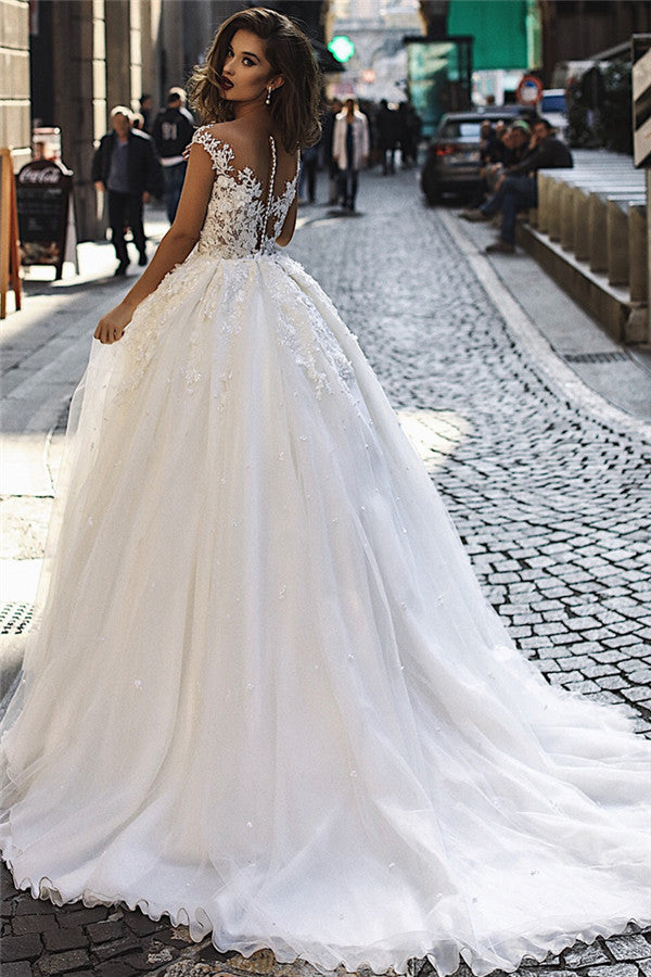 Lace Appliques Beads Overskirt Tulle Wedding Dresses | Cap Sleeves Sheer Back Sexy Bridal Gowns