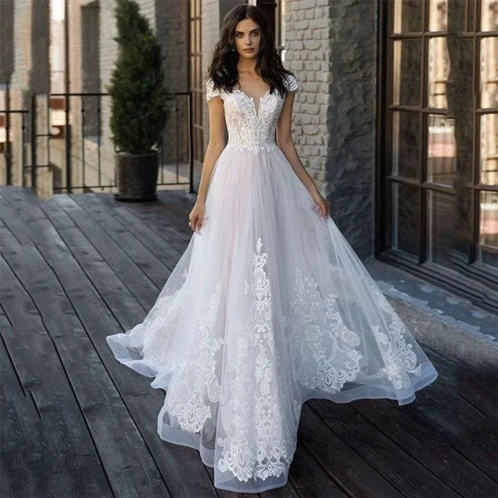 Lace Appliques Princess Bohomian Beach Wedding Dress Vestido De Noiva Cap Sleeve V-Neck Vestidos De Novia by payinti