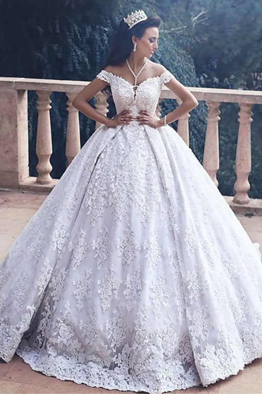Lace Appliques Princess Bride Dress Luxurious  Off-The-Shoulder Ball-Gown Wedding Dress