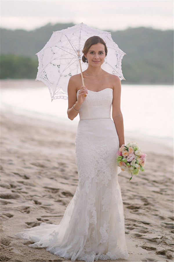 Lace Beach Wedding Dresses For Summer Beach Mermaid Strapless Elegant Bridal Gown