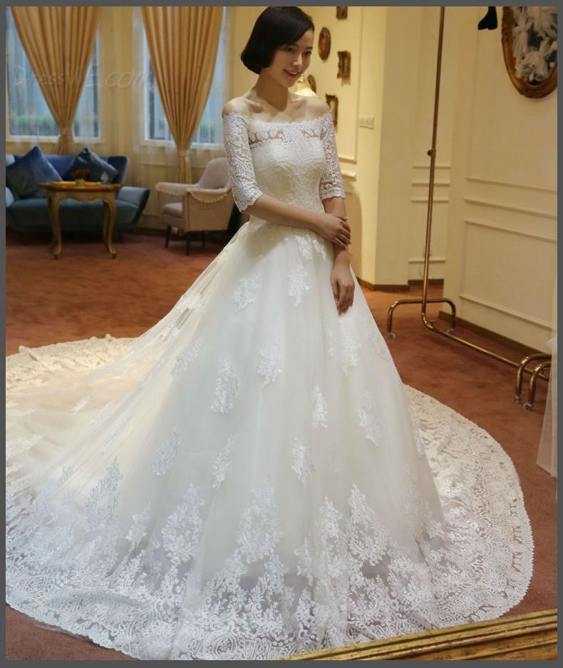 Lace Cathedral Train Off-the-Shoulder Wedding Dresses Elbow Sleeves Charming White Bridal Gowns