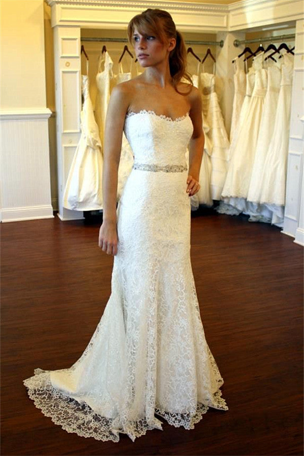 Lace Country Beach Wedding Dress Strapless Sheath Summer Beach Wedding Gowns with Crystals Belt BA8083