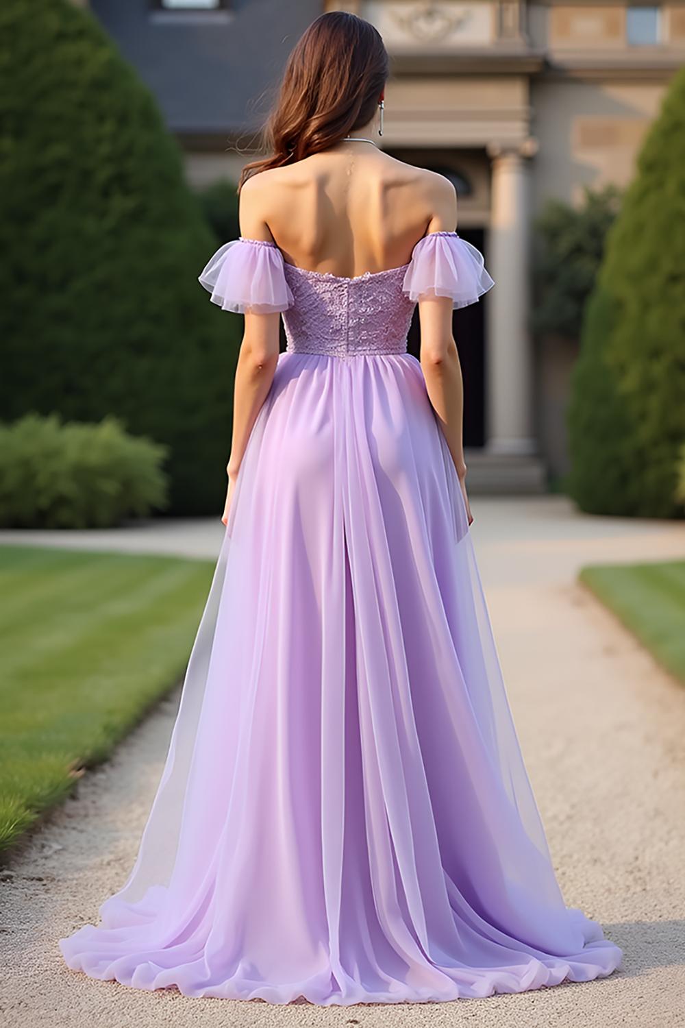 Lace Lilac Off The Shoulder Long Formal Dress With Ruffles