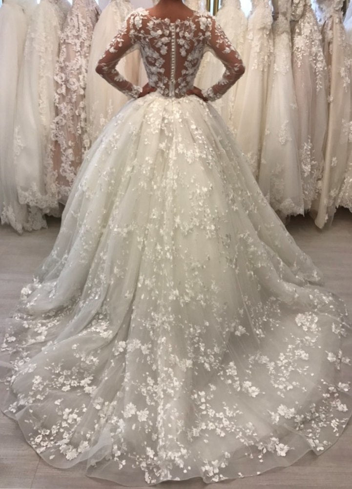Lace Long Sleeve Ball Gown Wedding Dresses | Sheer Tulle Appliques Bridal Gowns Online