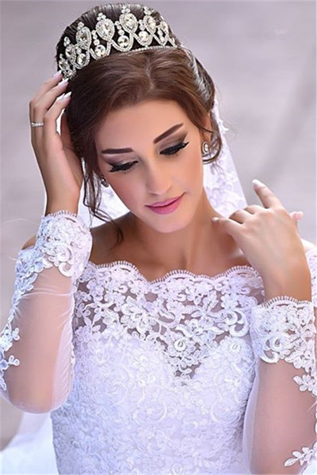 Lace Long Sleeve  Wedding Dresses Off-the-shoulder A-line Bridal Gowns
