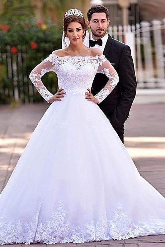Lace Long Sleeve  Wedding Dresses Off-the-shoulder A-line Bridal Gowns