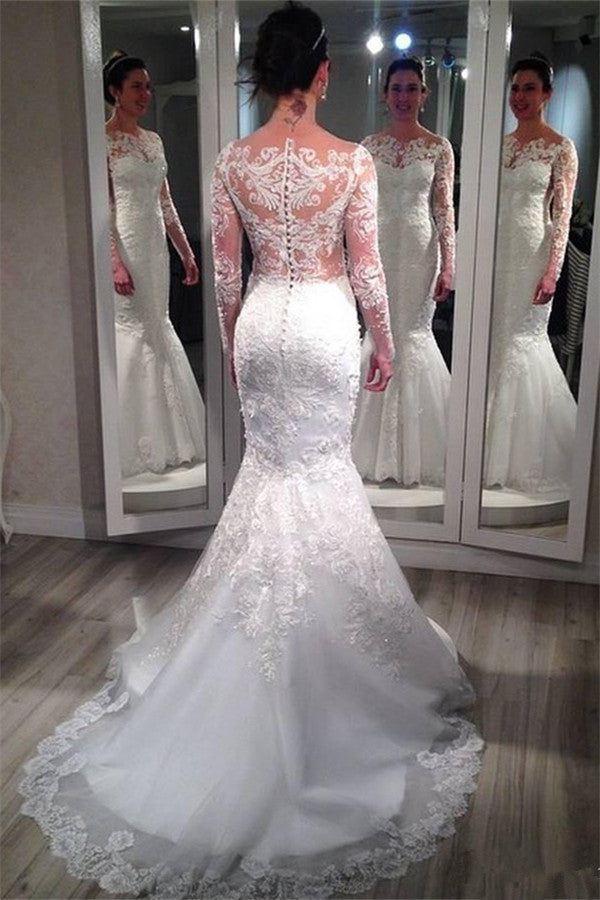Lace Long Sleeve Wedding Dresses  Vintage Mermaid Bridal Gowns with Appliques