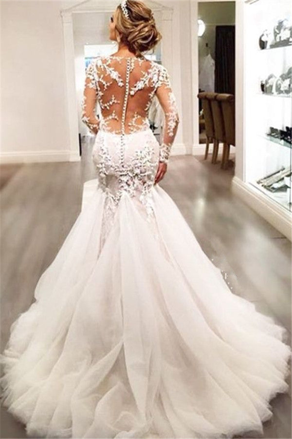 Lace Mermaid  Breathtaking Wedding Dresses V-neck Long Sleeve Modern Bridal Gowns WE0037