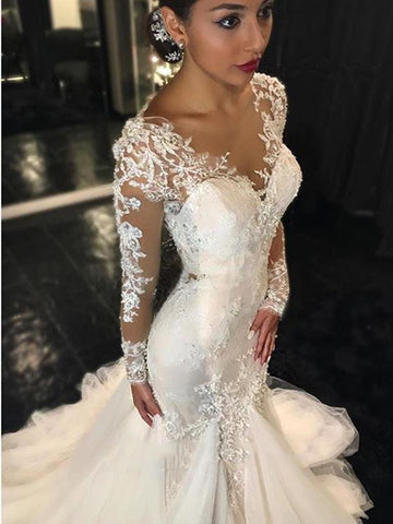 Lace Mermaid  Breathtaking Wedding Dresses V-neck Long Sleeve Modern Bridal Gowns WE0037
