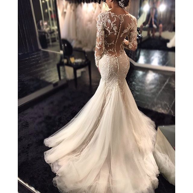 Lace Mermaid  Breathtaking Wedding Dresses V-neck Long Sleeve Modern Bridal Gowns WE0037