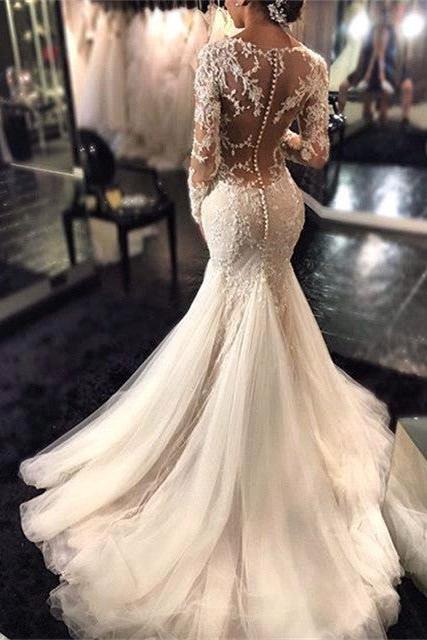 Lace Mermaid  Breathtaking Wedding Dresses V-neck Long Sleeve Modern Bridal Gowns WE0037