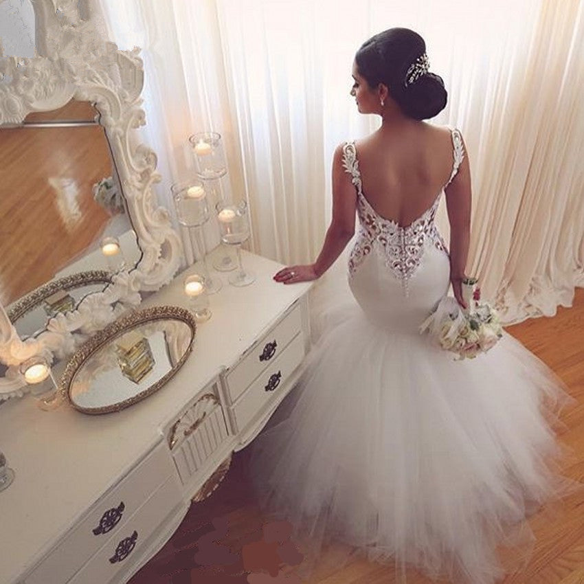 Lace Mermaid Tulle  Wedding Gowns Open Back Sleeveless Sexy Bride Dresses Online