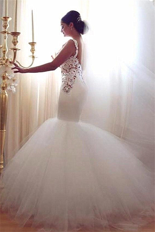 Lace Mermaid Tulle  Wedding Gowns Open Back Sleeveless Sexy Bride Dresses Online