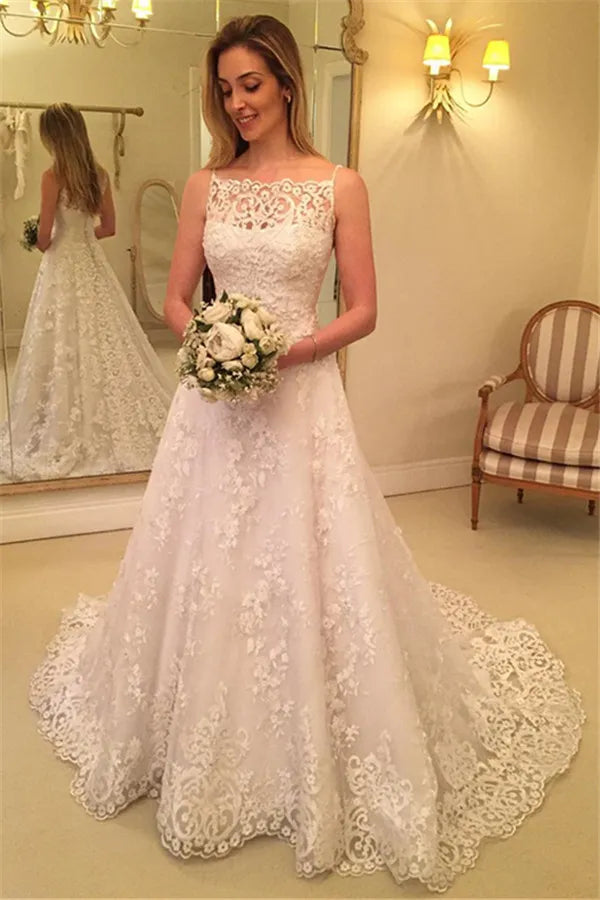 Lace Spaghetti-Straps Wedding Dress  | Sweep-Train Sleeveless Bridal Gows with Buttons