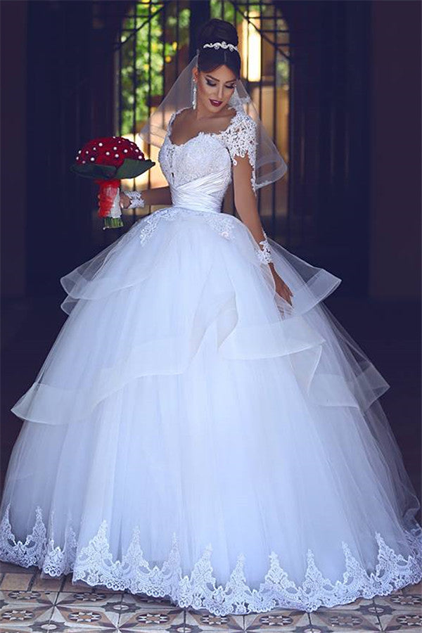 Lace Tulle Puffy Wedding Dresses Long Sleeves  | Sheer Tulle Ball Gown Bridal Gowns