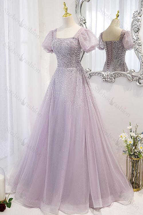 Lace Up Evening Formal Dress Beadings A Line Short Sleeves Prom Dress