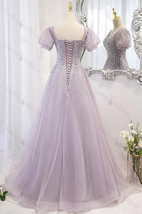 Lace Up Evening Formal Dress Beadings A Line Short Sleeves Prom Dress