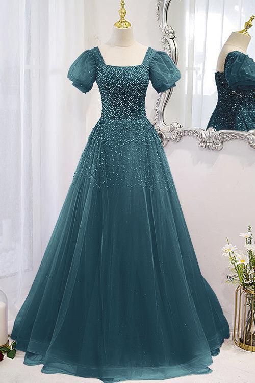 Lace Up Evening Formal Dress Beadings A Line Short Sleeves Prom Dress