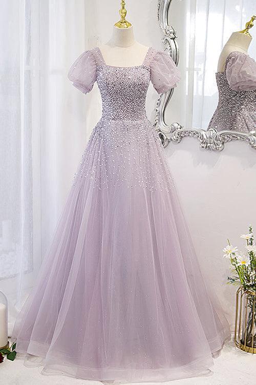 Lace Up Evening Formal Dress Beadings A Line Short Sleeves Prom Dress