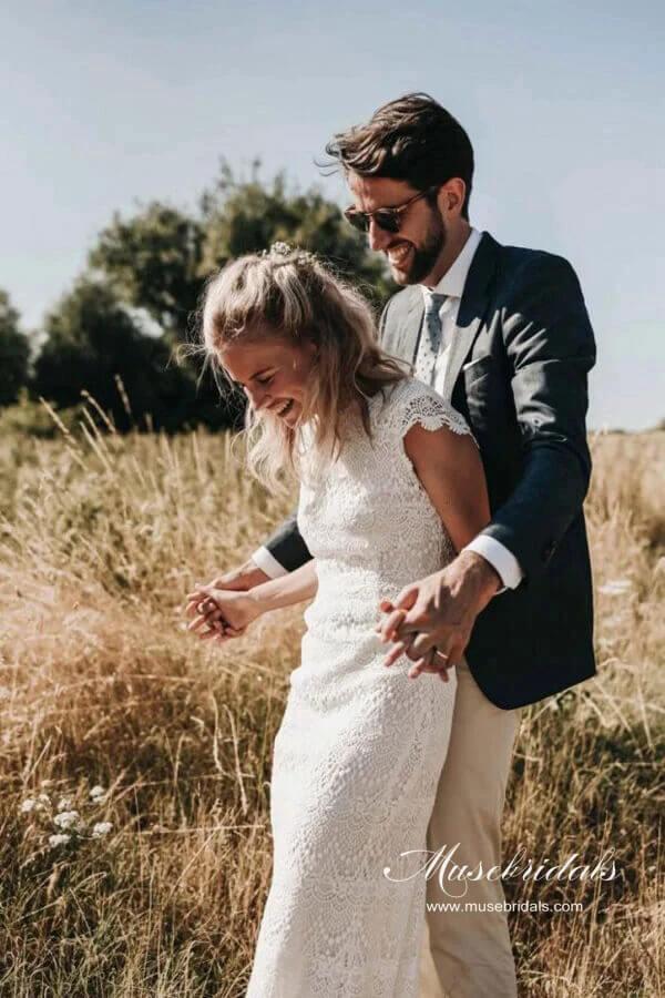 Lace Boho Mermaid Backless Cap Sleeve Bohemian Wedding Dresses (ZD13996)