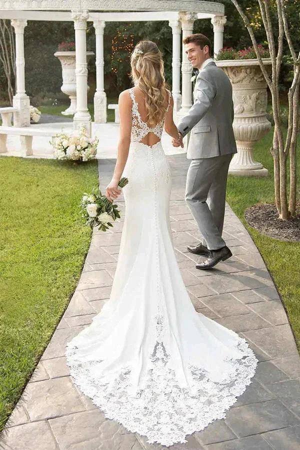 Lace Straps Court Train Mermaid Ivory Wedding Dress (ZD16116) - VelvetHem