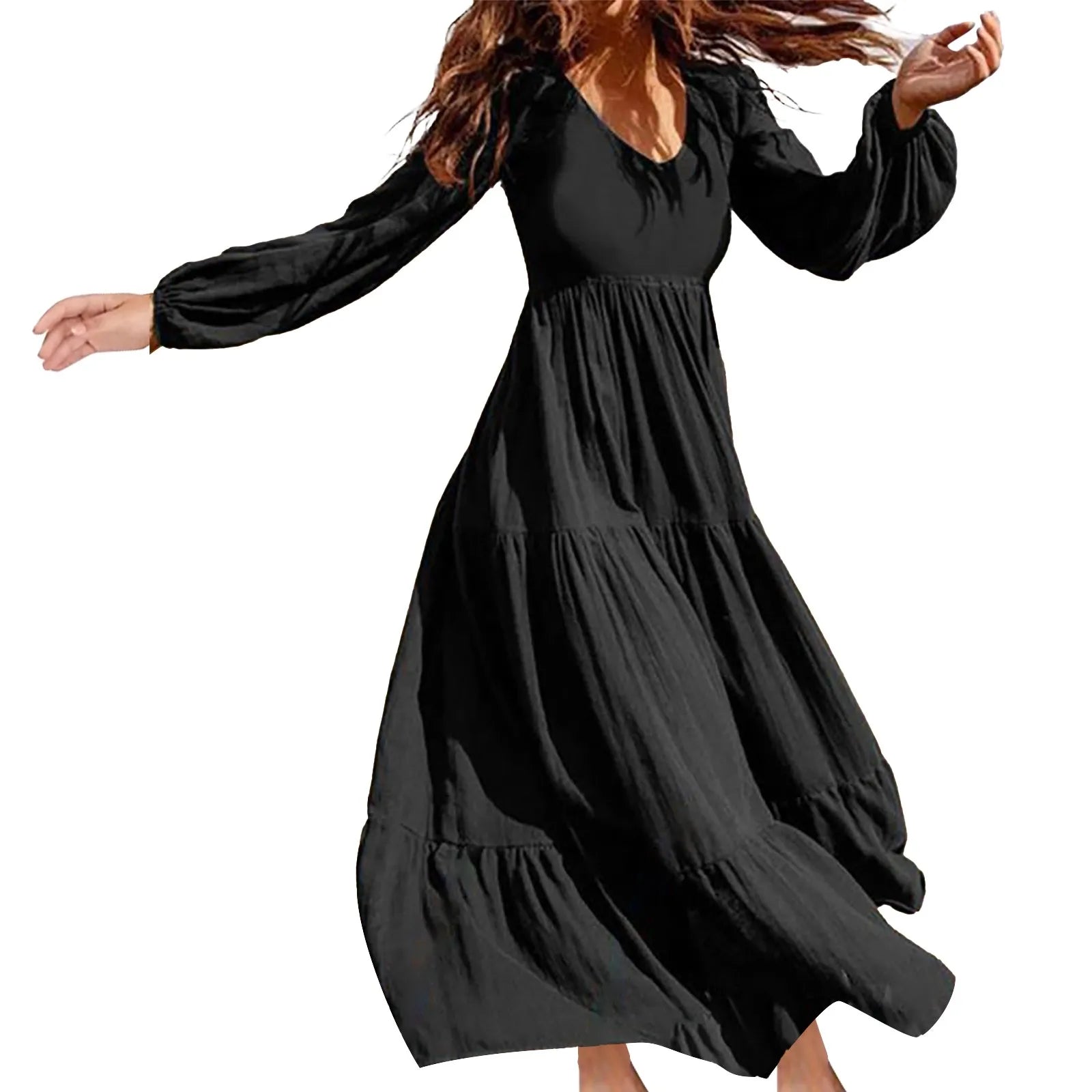 Plus Size Solid Color VNeck ALine Boho Maxi Dress
