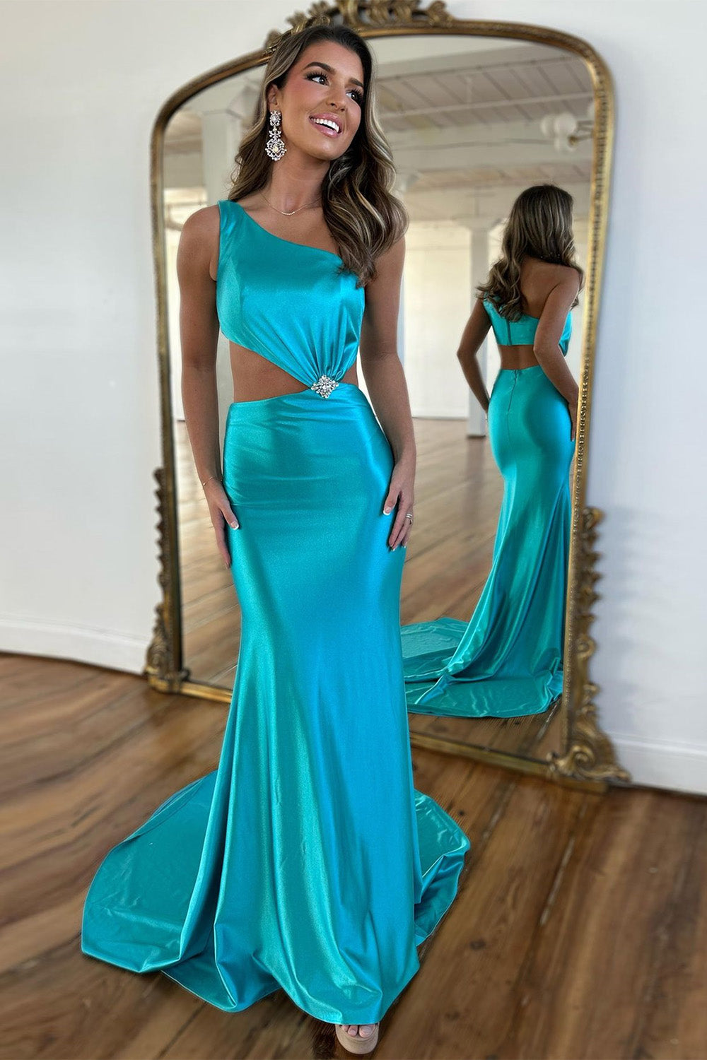 Lake Blue Satin Mermaid One Shoulder Cutout Waist Prom Dress With Beading - VelvetHem