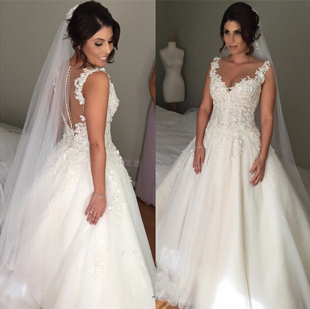 Latest A-line Lace Applique  Bridal Gown Open Back Sleeveless Court Train Wedding Dress JT116